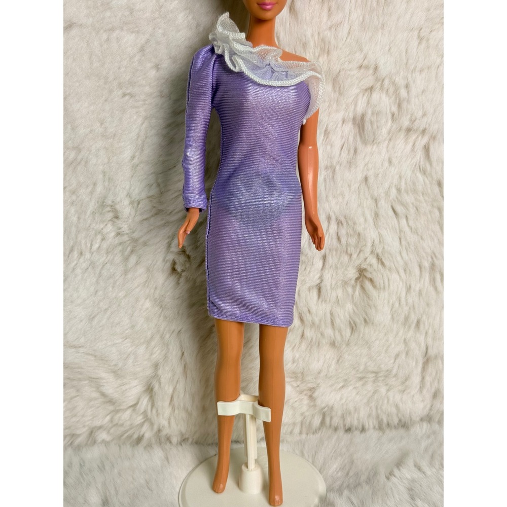 Vintage 1990s‎ Barbie Purple Metallic One Shoulder Ruffle Dress Doll Clothes